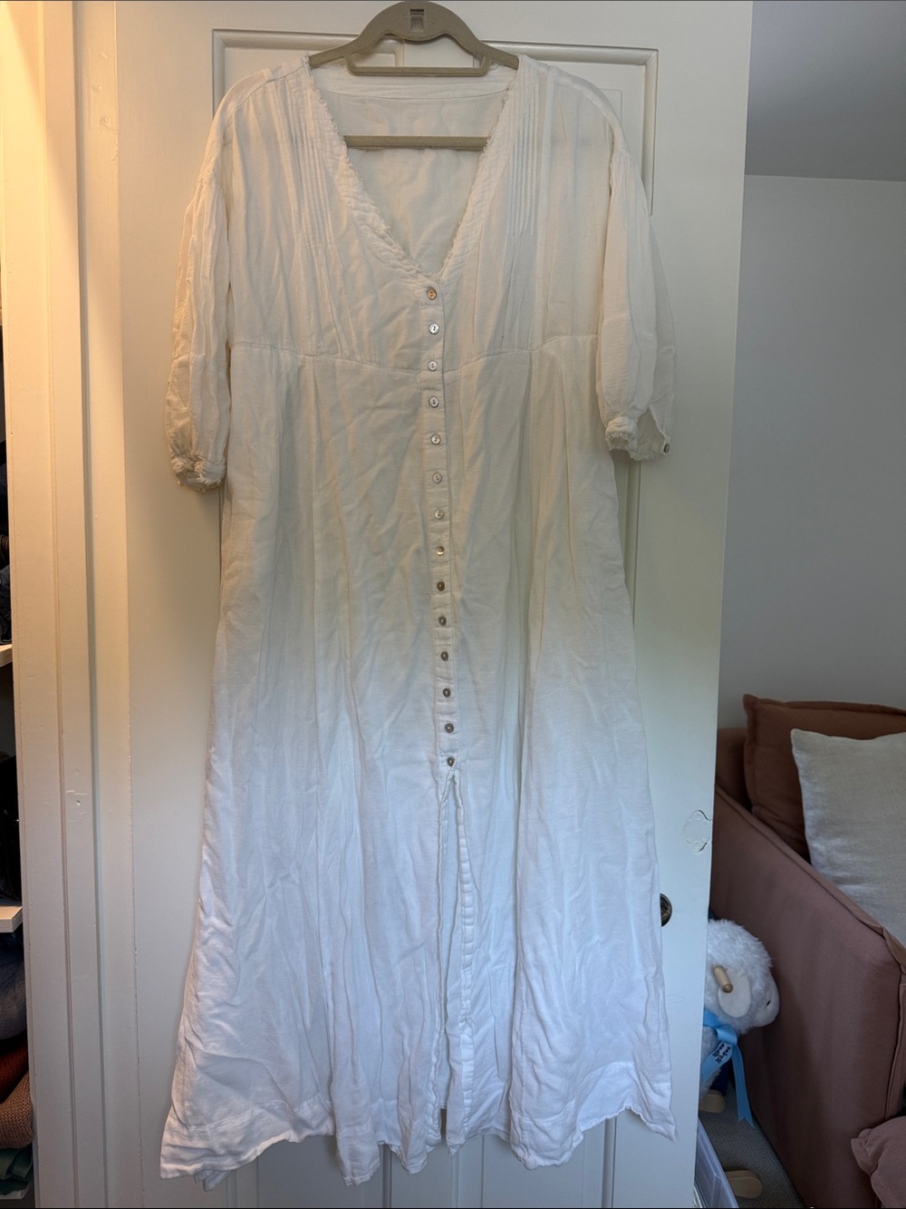 White Maternity Button-Front Linen Maxi Dress